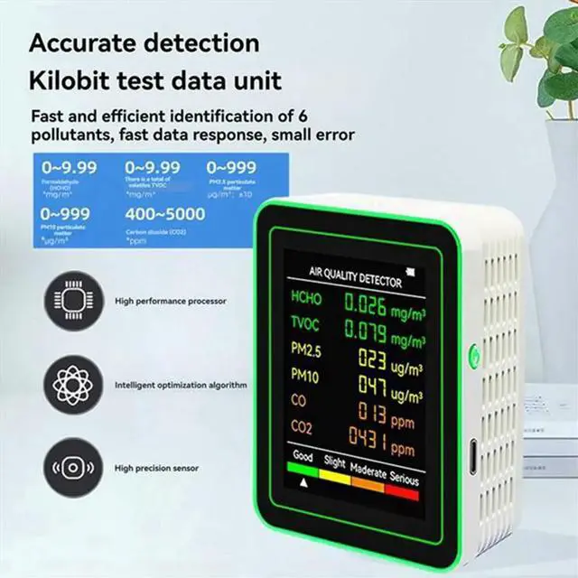 Alt view image 3 of 6 - 6-in-1 Indoor Air Monitor HCHO TVOC CO 2 CO PM10 PM2.5 Meter Gases Detecting ligent White