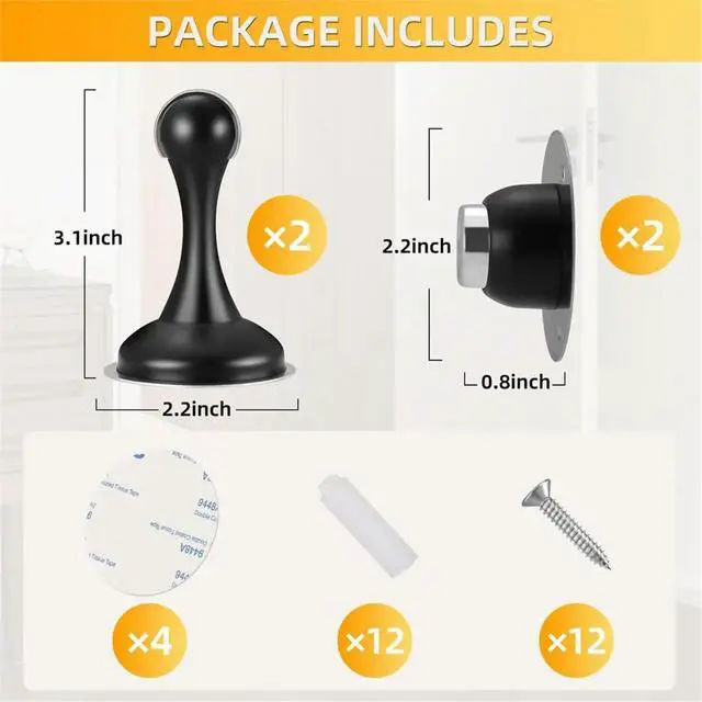 Alt view image 3 of 6 - 4-Pack Stainless Steel Door Stops Thickened Luxury-Style Door Barrier Bedroom Strong Magnet No-Drill Door Holders Black