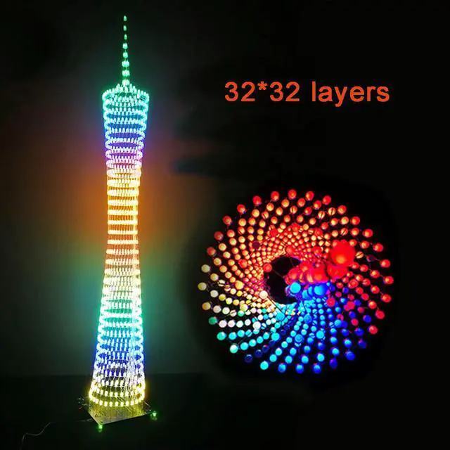 Alt view image 2 of 3 - Diy Canton Tower soldering kit Colorful LED bluetooth 32 layers x32 columns LED light cube music spectrum (not assembled