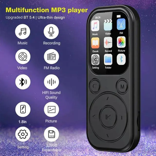 Alt view image 2 of 6 - 1.8" MP3 Player Type-C Bluetooth Compatible Touch Keys Music Stereo with HiFi Speaker FM Radio Recording E-Book