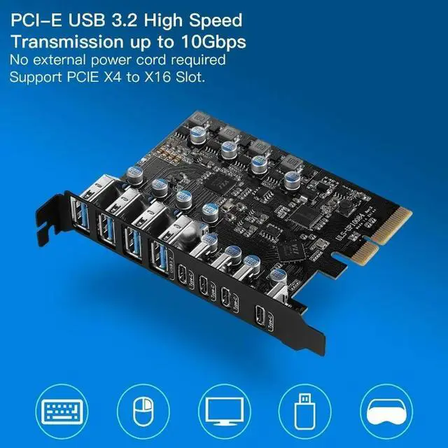 Alt view image 2 of 3 - High-speed 20Gbps PCIE X4 To USB 3.2 Expansion Card for Desktop - 4 Type-A and 4 Type-C USB Ports