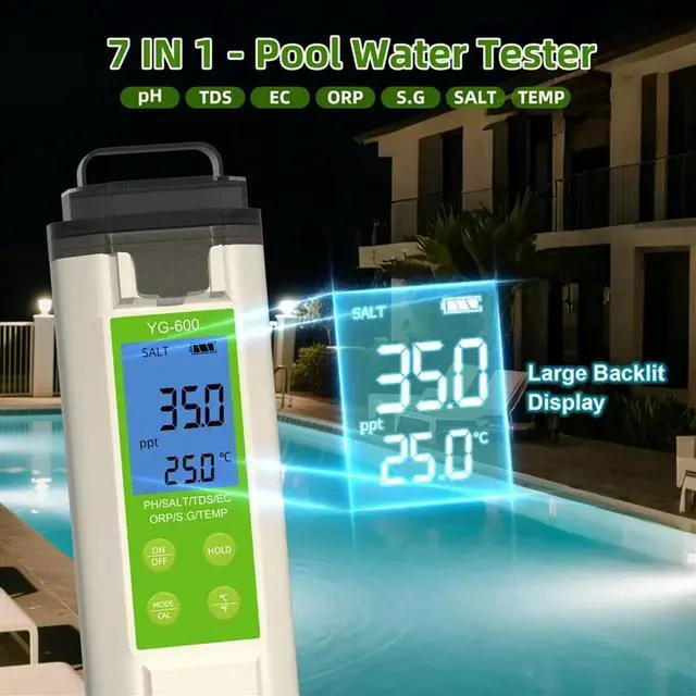 Alt view image 2 of 6 - 7 in 1 Water Tester PH/ EC/TDS/SALT/ORP/Emperature/SG Fish Tank Pwimming Pool Water Analyzer