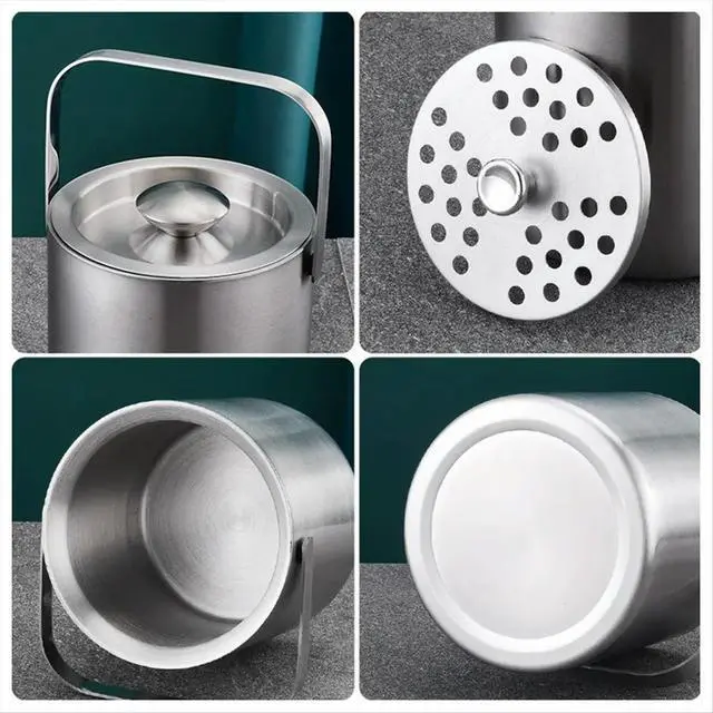 Alt view image 3 of 3 - Double-Wall Stainless Steel Ice Bucket with Lid Tongs and Strainer Cooler Bucket for Wine Champagne Vodka Cocktails Beer