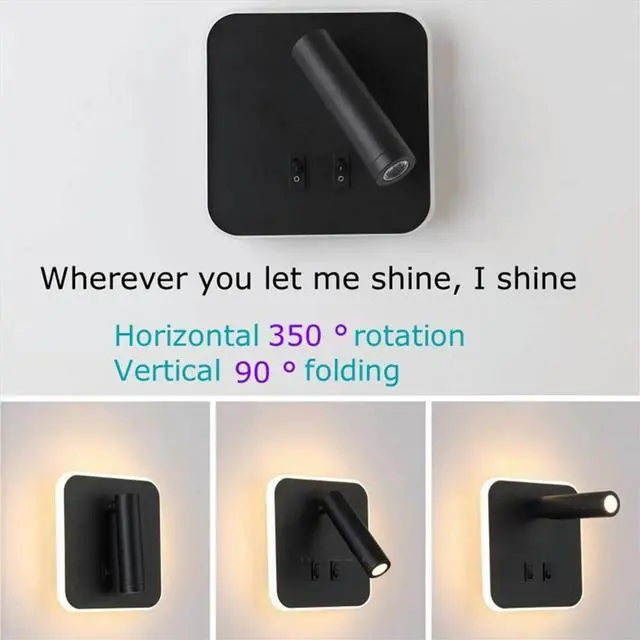 Alt view image 2 of 6 - Mounted Eye Protection Rotatable Wall Reading Light Full Spectrum Spotlight LED Lamp Sconce Bedside Round Black