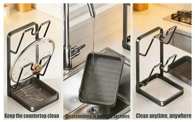 Main image of Kitchen Pot Lid Rack, Multifunctional Pot and Pan Organizer with Drain Tray, Countertop Lid and Spoon Holder