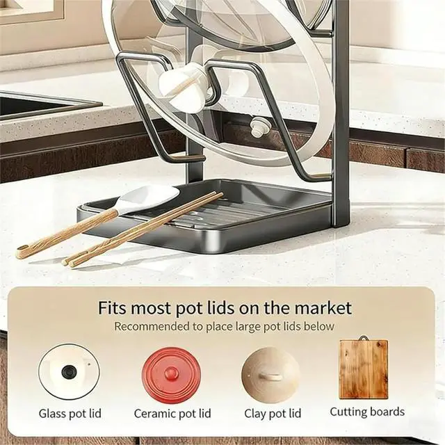 Alt view image 2 of 6 - Kitchen Pot Lid Rack, Multifunctional Pot and Pan Organizer with Drain Tray, Countertop Lid and Spoon Holder