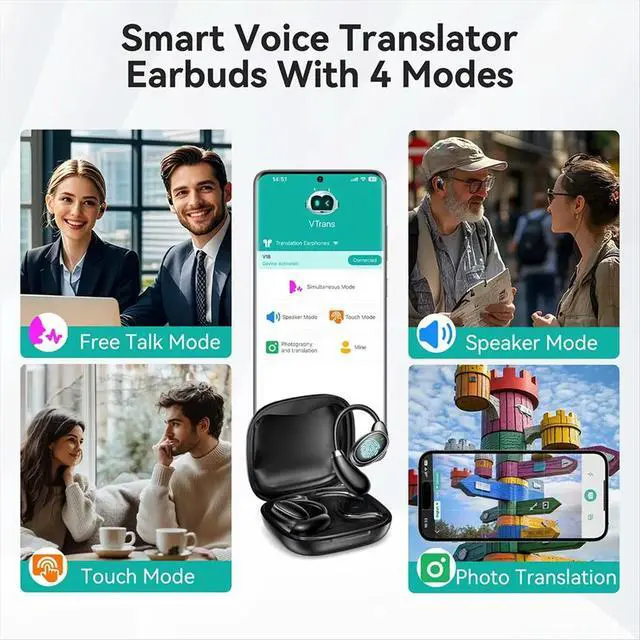 Alt view image 3 of 6 - V18 Language Translator Earbuds 150 Languages High Accuracy AI Instant Translator Device BT Earphones Black