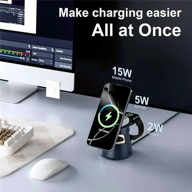 Alt view image 3 of 6 - 4 in 1 Magnetic Charger with LED Light Desktop Fast Charging Phone Stand for 16 15 IWatch Airpods