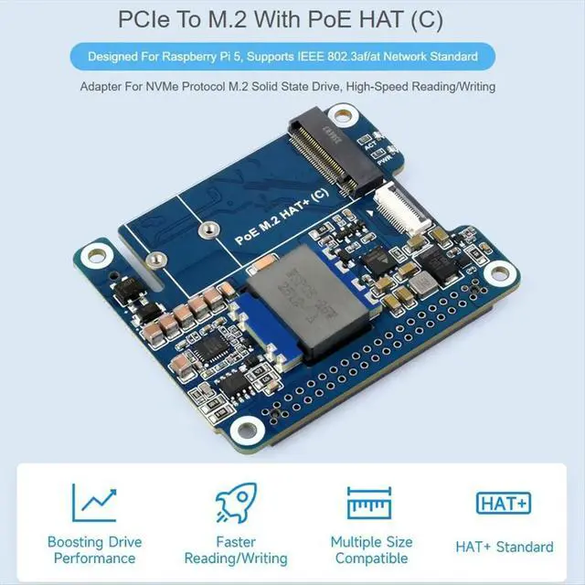 Alt view image 2 of 4 - POE M.2 HAT+ Adapter with PoE Function for Raspberry Pi 5,Supports NVMe Protocol M.2 Solid State Drive,High-Speed Read