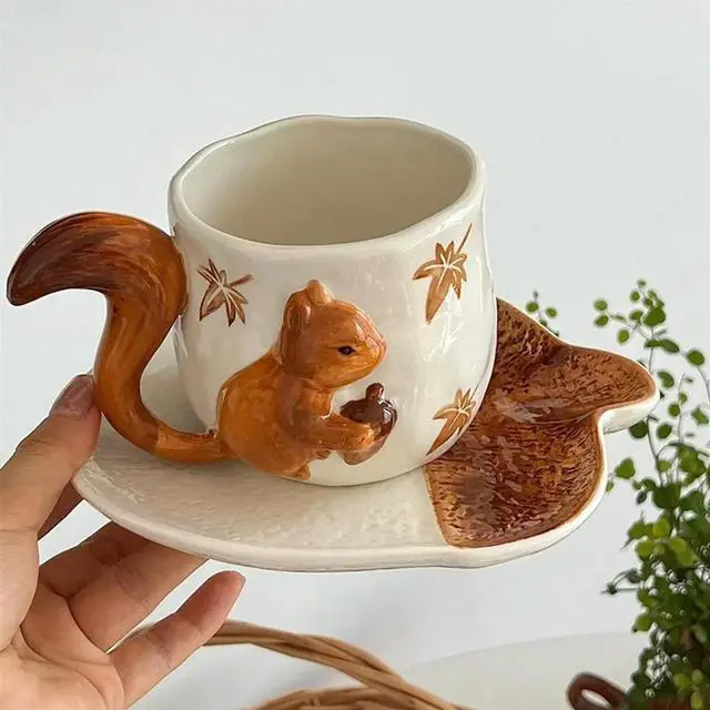 Main image of Lovely Squirrel Relief Porcelain Cup&Sauce Coffee Mug Dining Table Flower Mugs Afternoon Tea Teacup Fruits Juice Cup B