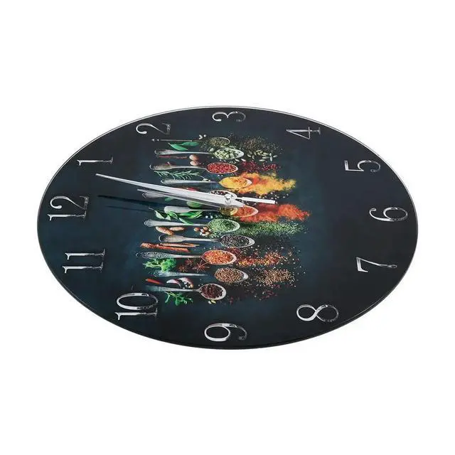 Alt view image 3 of 6 - Silent Glass Wall Clock with Vibrant Spice Design - Thick Reinforced Glass, ModernKitchen & Bedroom Decor