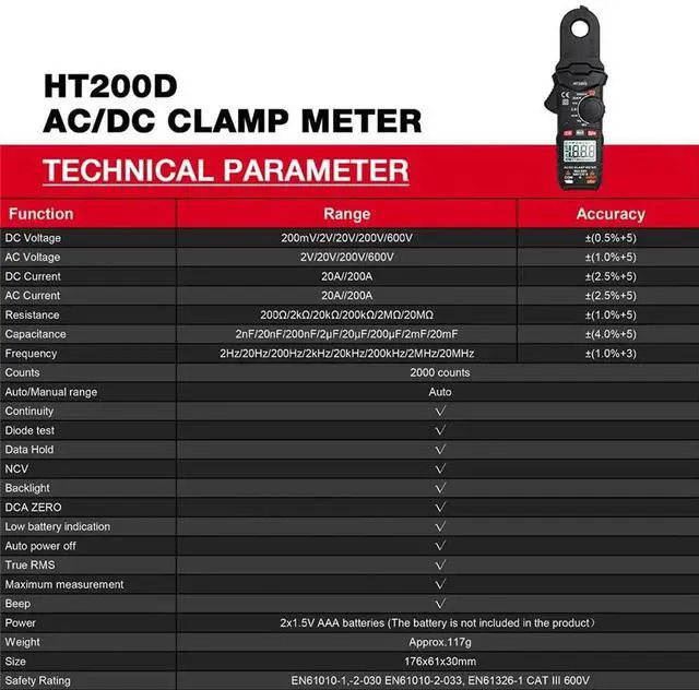Alt view image 3 of 6 - HT200D Clamp Meter DC/AC Current Voltage Digital Clamp Meter Measure the Frequency of Resistance Capacitance NCV Test