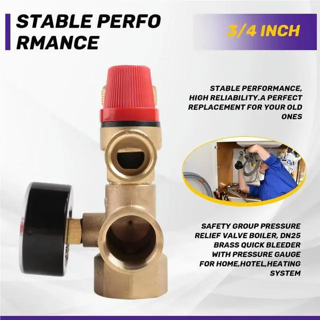 Alt view image 2 of 6 - Safety Group Pressure Relief Valve Boiler, DN25 Brass Quick Bleeder with Pressure Gauge for Home,Hotel,Heating System