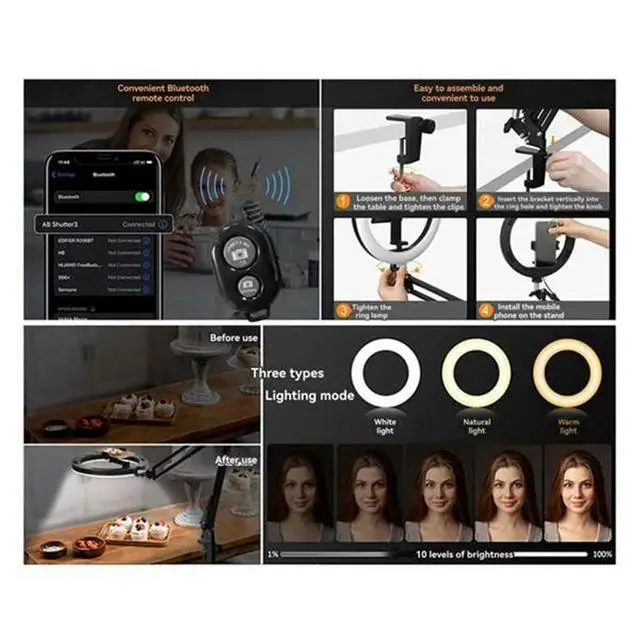 Alt view image 2 of 6 - Overhead Phone Mount with Ring Light, 10" LED Selfie Ring Light for Desk with Phone Holder and Remote Canvas Lamp