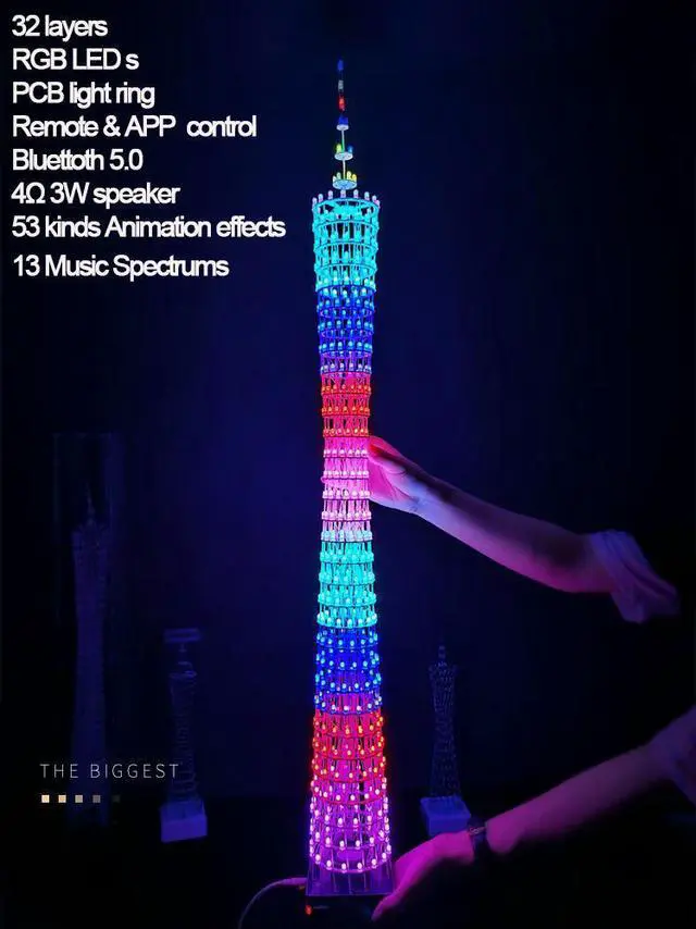Alt view image 3 of 6 - DIY Soldering Project 32 Layers Canton Tower Light Cube Bluetooth APP Music Spectrum PCB Light Ring (Not Assembled)