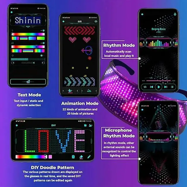 Main image of Shining Light Up LED Glasses Bluetooth App Programmable Display Screen Rgb Luminous Glasses for Party,Halloween
