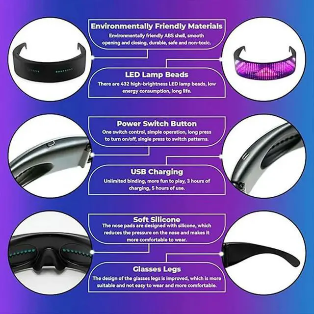 Alt view image 3 of 6 - Shining Light Up LED Glasses Bluetooth App Programmable Display Screen Rgb Luminous Glasses for Party,Halloween