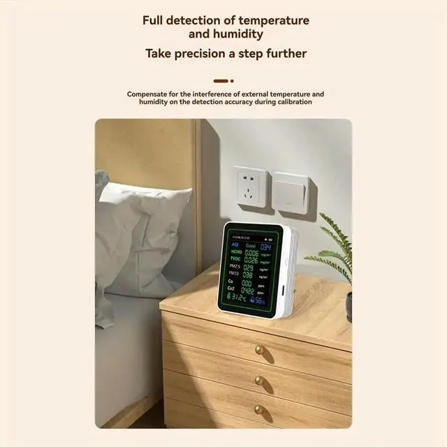 Alt view image 2 of 6 - 12 in 1 Air Tester Temperature/Humidity /Time/CO/CO2/Curve/TVOC/AQI/PM2.5/PM10/Formaldehyde with Bracket Black