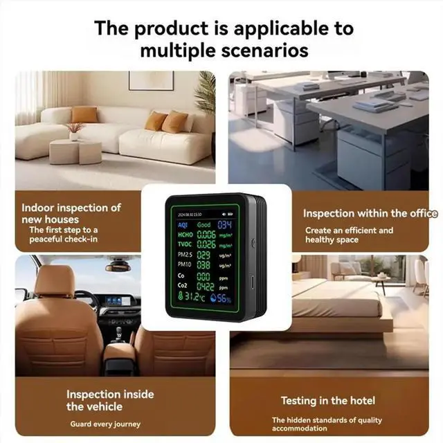 Alt view image 2 of 6 - 12 in 1 Air Tester Temperature/Humidity /Time/CO/CO2/Curve/TVOC/AQI/PM2.5/PM10/Formaldehyde with Bracket White