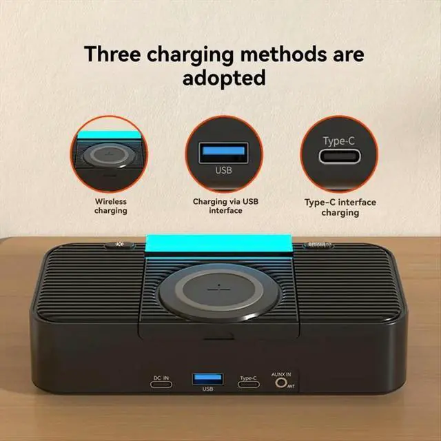 Alt view image 2 of 6 - Charging Station with Bluetooth Speaker, Alarm Clock, FM Radio, Night Light, Phone Holder, Adjustable Display