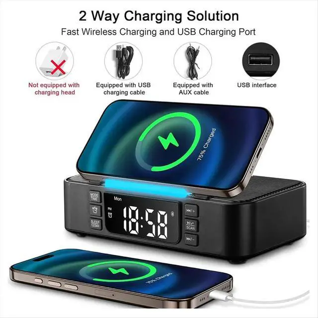 Alt view image 3 of 6 - Charging Station with Bluetooth Speaker, Alarm Clock, FM Radio, Night Light, Phone Holder, Adjustable Display