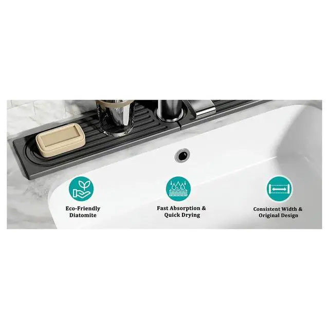 Alt view image 3 of 6 - Stone Faucet Mat for Kitchen Sink, Quick Dry Sink Splash Guard, Water Absorbing Stone Tray, Prevents Moisture Buildup
