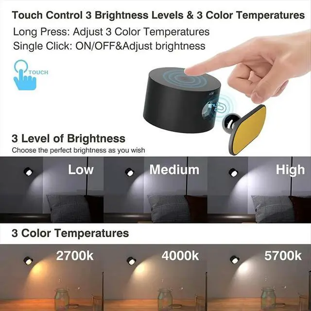 Alt view image 2 of 6 - LED Wall Lights with Remote 3 Colors & Dimmable Magnetic 360° Rot Rechargeable Wall Mounted Reading Sconces Lamp 2000mAh