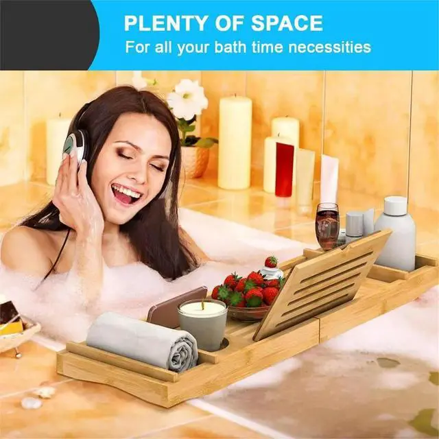 Alt view image 3 of 5 - Bamboo Bath Tray - Extendable Bathtub Shelf with Tablet/Phone Slot, Candle/Cup Holder, Bathroom Rack, Bath Tray