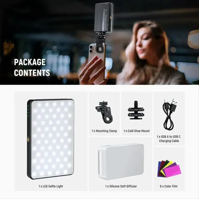 Alt view image 2 of 6 - LED Selfie Phone Light, Rechargeable 2500-9000K Clip on Fill Light,Color Films/Diffuser/3000mAh for Camera