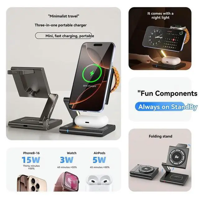 Alt view image 3 of 6 - Fast Charging Station,Foldable for Travel,Modern All Aluminum Alloy Body 4 in 1 Charger Black