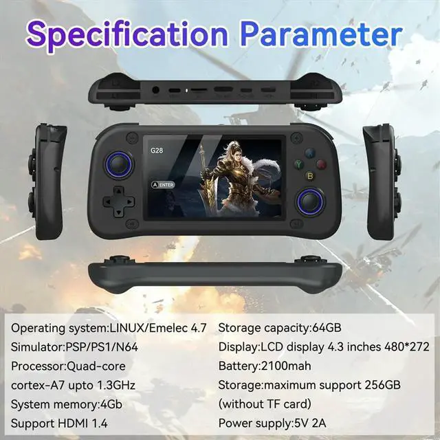 Alt view image 3 of 3 - G28 Retro Handheld Video Game Console 128G 20000+Game 4.3 Inch Screen Linux Pocket Player for PSP/PS1/N64 Simulator C