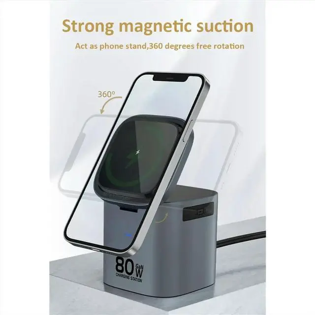 Alt view image 2 of 6 - 80W 6-in-1 GaN Charging Station Adapter with Type C PD 60W Retractable Charging Cable Fast Charger EU PLUG