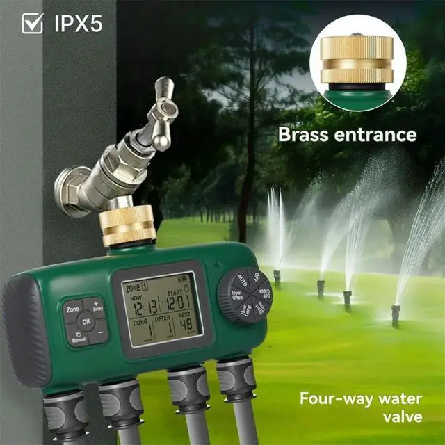 Main image of Water Timer Brass Inlet Rotary Knob Control with LCD Display Screen Rain Delay Child Lock Garden Sprinkler 4-Outlet US