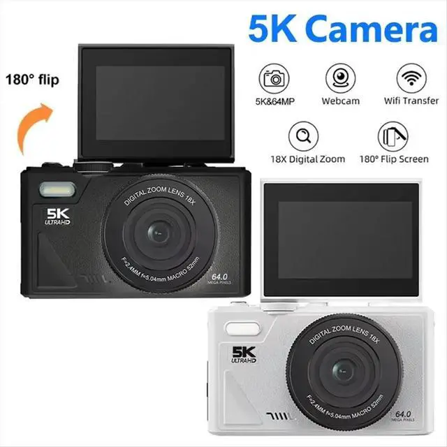 Alt view image 2 of 3 - Digital Photography Camera 5K 18X Digital Zoom Vintage Vlog Video Recorder 180° Flip Screen Selfile Cam White