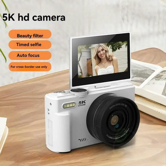 Alt view image 3 of 3 - Digital Photography Camera 5K 18X Digital Zoom Vintage Vlog Video Recorder 180° Flip Screen Selfile Cam White