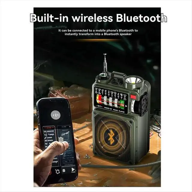 Alt view image 3 of 6 - Solar Hand Crank Radio Dynamo Vintage AM/FM/SW Full Band Emergency Radio Bluetooth Speaker with Flashlight SOS