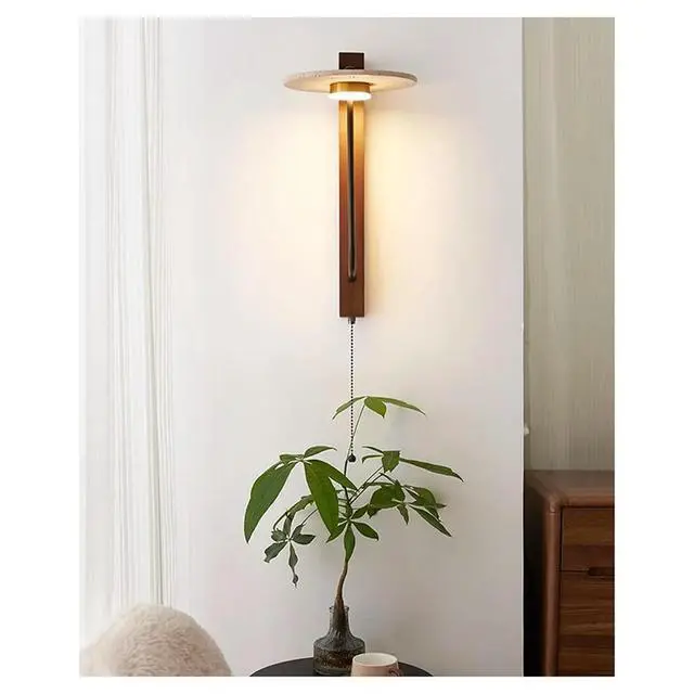 Alt view image 4 of 5 - Light Fixture with Natural Stone Lamp Shade Pull Cord Switch Wood Base, Art Deco Wall Sconces for Bedside Bedroom