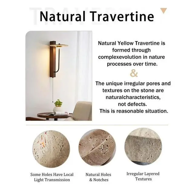 Alt view image 2 of 5 - Light Fixture with Natural Stone Lamp Shade Pull Cord Switch Wood Base, Art Deco Wall Sconces for Bedside Bedroom