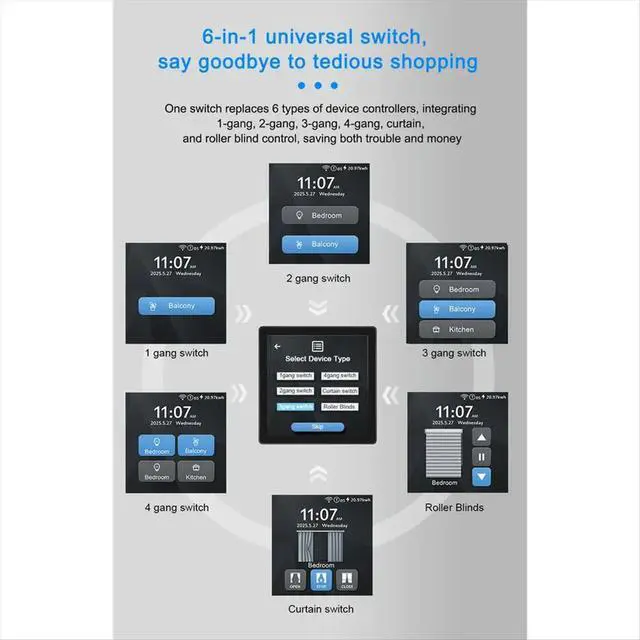 Alt view image 4 of 6 - Tuya 4inch Touch Screen Switch Support 1/2/3Gang/Curtain/Roller Blind Switch 6in1 Multi Language for Alexa