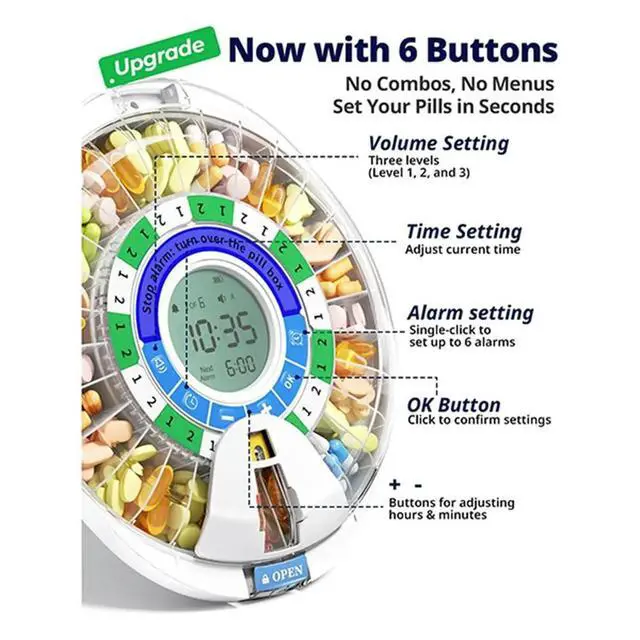 Alt view image 6 of 6 - Automatic Pill Dispenser for Elderly with Alarms - 28 Slots, Key Locked, Alarms & Light Reminder, Mix-Proof, XL Display