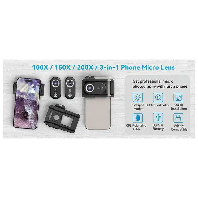 Alt view image 4 of 6 - 3-in-1 Phone Microscope Lens 100X/150X/200X with LED Light for Android/for
