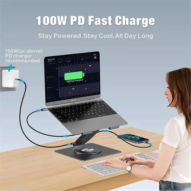Alt view image 5 of 6 - 9-in-1 Desk Laptop Stand with Docking Station, 360° Rotation 4K60Hz, 3 USB3.0, 100W PD Charging for PC Laptop