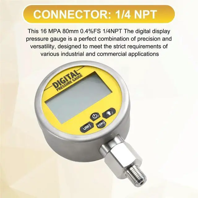 Alt view image 2 of 6 - 16MPA 80mm 0.4%FS 1/4NPT Digital Display Gauge Meter Accuracy Backlight Hydraulic Gas Water Pressure Gauges