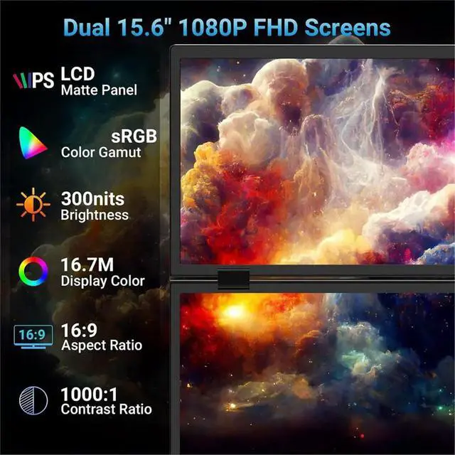 Alt view image 2 of 6 - 15.6 Inch FHD Protable Monitor IPS Folding Stacked Dual Laptop Screen Extender USB-C External Computer Display Screen