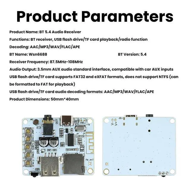 Alt view image 6 of 6 - Bluetooth Audio Receiver Board Bluetooth 5.4 Lossless Decoder Board Type- C Interface
