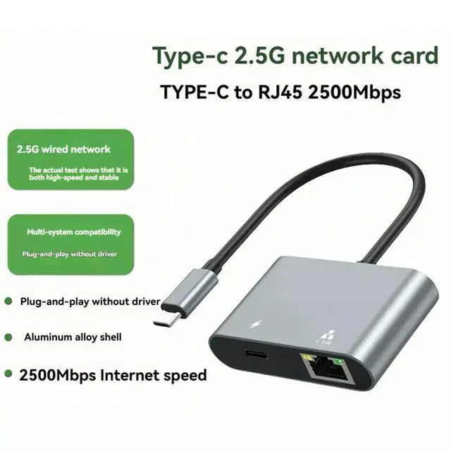 Alt view image 3 of 6 - 2.5Gbps Network Card Type C to Ethernet Adapter 2500Mbps Gigabit LAN Adapter Support PD100W Charging for Laptop Computer