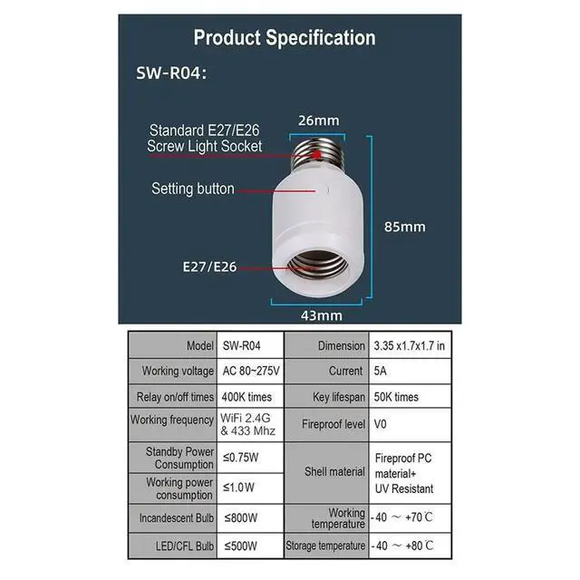 Alt view image 6 of 6 - 500W Light Bulb Socket with Remote Control, E26 E27 Base, No Wiring Needed