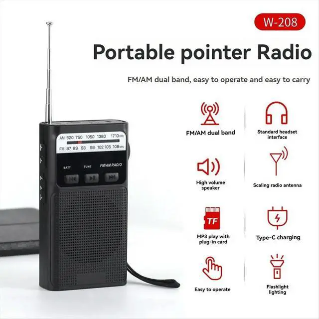 Alt view image 6 of 6 - Mini Pocket FM AM Radio Rechargeable Radios with LED Flashlight Support 3.5mm Headphone TF Card Red
