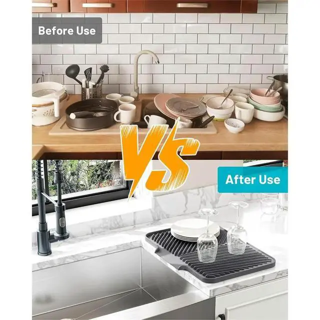 Alt view image 6 of 6 - Dish Drying Mat Kitchen Counter - Silicone Dish Drying Pad with Built-in Drain for Sink, Refrigerator and Drawer Liner