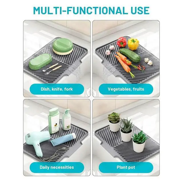 Alt view image 4 of 6 - Dish Drying Mat Kitchen Counter - Silicone Dish Drying Pad with Built-in Drain for Sink, Refrigerator and Drawer Liner